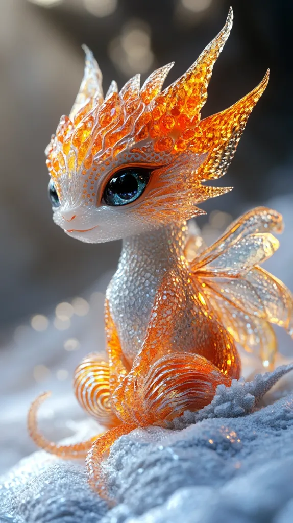 Here's a description of the image:

The image showcases a digitally rendered, miniature dragon.  Its body is predominantly white, intricately overlaid with a translucent, amber-orange textured pattern, giving the impression of glass or gemstone.  Large, expressive blue eyes contrast beautifully with the warm tones.  Delicate, crystalline wings and a spiky, flame-like crest add to its ethereal beauty.  The dragon sits on a softly textured, snow-like surface, with bokeh-like effects suggesting a soft, ambient light.  The overall style is whimsical and fantastical, evoking feelings of magic and wonder.