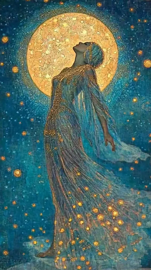 The artwork depicts a woman in a flowing, teal gown adorned with gold detailing, standing against a backdrop of a large, luminous moon and a star-speckled night sky.  Her head is tilted back, gazing upwards in a pose suggesting reverence or awe.  The woman's gown seems to shimmer with golden lights, echoing the celestial bodies surrounding her, creating a mystical and ethereal atmosphere. The overall style is reminiscent of Art Nouveau or symbolist painting, emphasizing flowing lines and symbolic imagery.