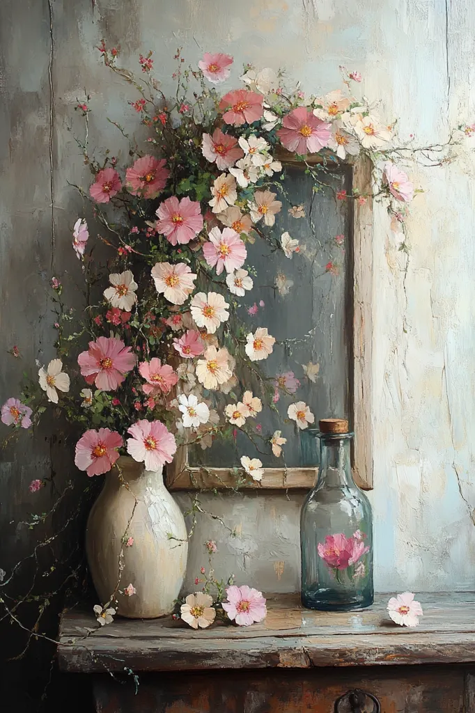 Here's a description of the image:

The painting depicts a still life arrangement featuring a profusion of delicate pink and white cosmos flowers cascading from a cream-colored vase.  The flowers spill artistically over a weathered wooden frame, partially obscuring it.  A clear glass bottle, containing a single, larger pink flower, sits on a rustic wooden surface alongside the vase. The background is a textured, muted grey, enhancing the flowers’ vibrant colors. The overall style is painterly and romantic, conveying a sense of gentle beauty and tranquility.