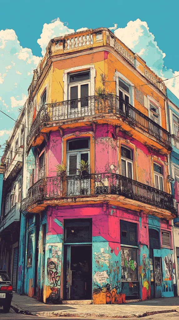 Here's a description of the image:

The image is a vibrant, stylized depiction of a corner building, possibly in a Latin American city. The building's facade is a patchwork of faded pastel colors—yellow, pink, and teal—with visible peeling paint and graffiti art adding to its aged charm. Multiple balconies with ornate, dark metal railings adorn the building's upper stories.  The ground floor features a shop front, partially obscured by shadows and graffiti. The overall style suggests a blend of realism and artistic interpretation, possibly a digital painting or illustration. A clear blue sky with fluffy clouds provides a backdrop. A car is partially visible in the bottom left corner, further grounding the scene in a realistic setting.