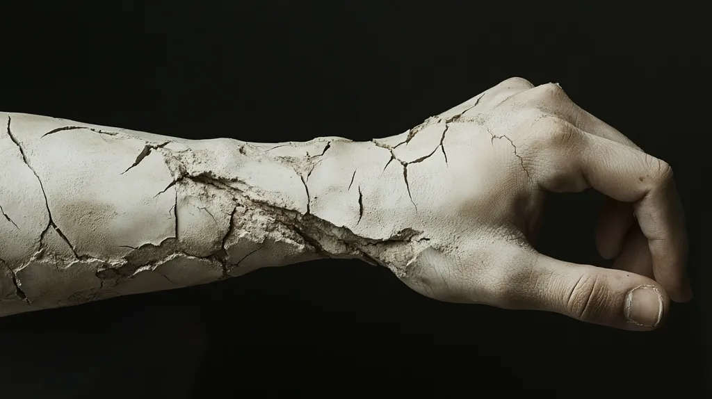 Here's a description of the image:

Close-up view of a pale, sculpted arm and hand against a black background.  The arm and hand are heavily textured, appearing cracked and desiccated, like aged clay or weathered stone. The cracks are deep and numerous, running along the length of the arm and across the hand. The overall effect is one of decay, fragility, or a morbid, unnatural state.  The hand is slightly curled, as if grasping or reaching for something. The lighting is dramatic, emphasizing the texture and the deep shadows within the cracks.