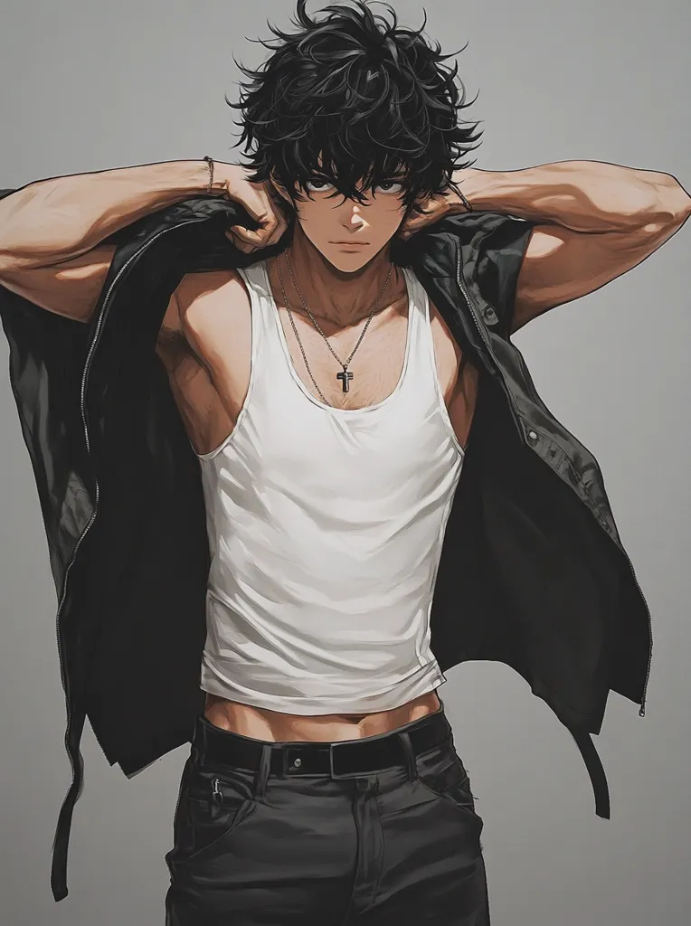 The illustration depicts a stylized anime-like young man with dark, short, and slightly spiky hair. He has a muscular build, visible beneath a white tank top and dark-colored jacket that he is holding open.  He wears dark-colored jeans and a simple cross necklace. His expression is serious and intense, with a direct gaze towards the viewer. The overall style is realistic with a focus on detailed shading and anatomy. The background is a simple, neutral gray.