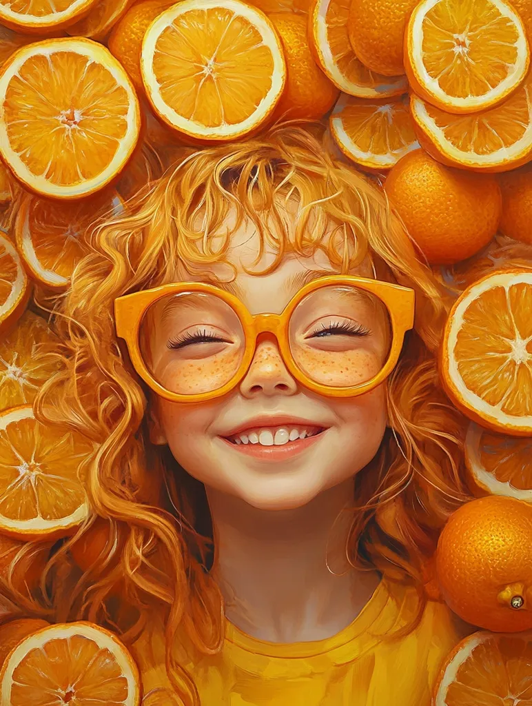 A vibrant digital painting depicts a young girl with bright orange, curly hair, almost blending with the numerous orange slices surrounding her.  She wears large, round orange glasses and a matching yellow shirt. Her eyes are closed, and she has a joyful, smiling expression. The overall color scheme is overwhelmingly orange, creating a cheerful and sunny atmosphere. The girl appears to be nestled amongst the fruit, creating a playful and whimsical scene.