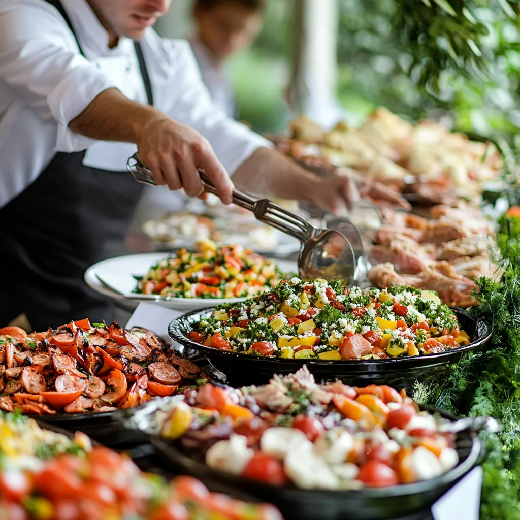 A buffet table overflows with vibrant, colorful dishes.  A chef in a white jacket uses serving tongs to add to a large bowl of a vibrant green and yellow salad, possibly potato salad with herbs and feta.  Surrounding it are various other dishes, including grilled sausages and tomatoes, and other colorful vegetable and possibly meat preparations. The scene is bustling, suggesting a catered event or party.  The setting appears to be outdoors, with greenery subtly visible in the background.