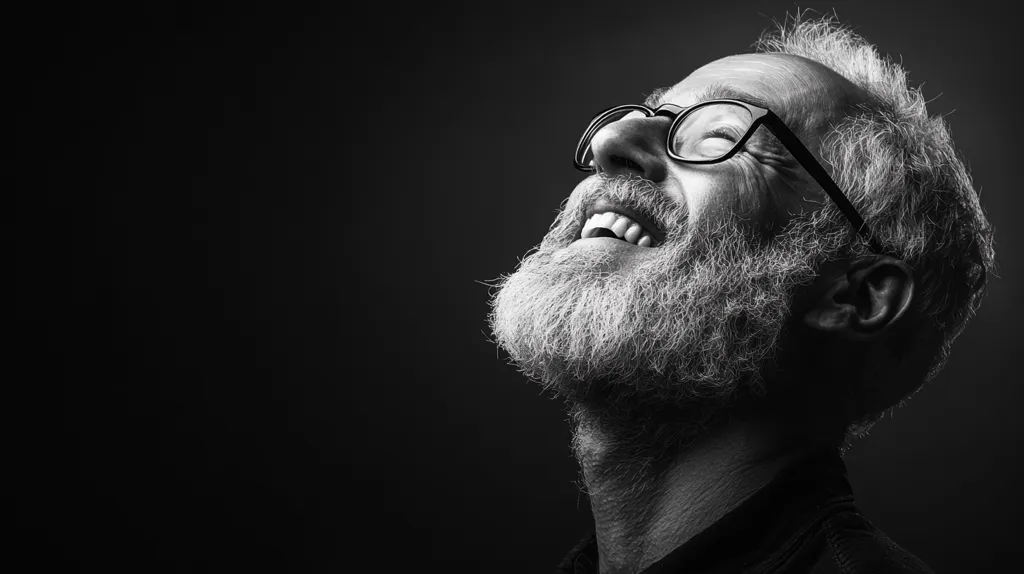 Here's a description of the image:

The black and white photograph showcases a close-up of an elderly man's face, tilted upward. His eyes are closed, and a wide, joyful smile stretches across his face, revealing his teeth.  He has a full, gray beard and a scattering of gray hair. He wears glasses that rest comfortably on his nose. The background is dark, creating a dramatic contrast that highlights the man's features and expression. The overall mood is one of serene happiness and contentment.