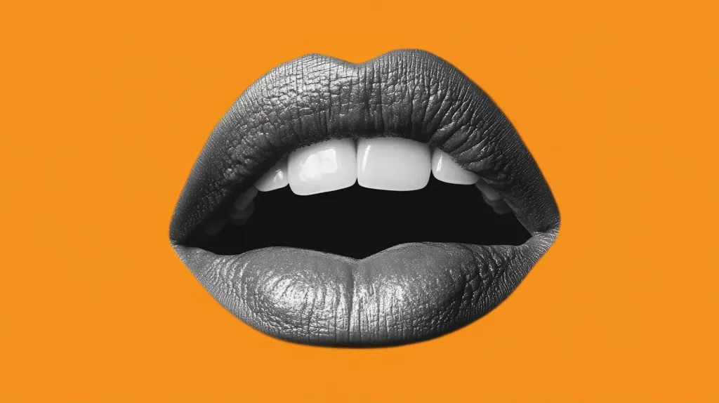 Here's a description of the image:

The image showcases a close-up of a woman's mouth, presented in striking black and white against a vibrant orange backdrop.  The lips are full and slightly parted, revealing a set of bright white teeth.  The grayscale treatment of the lips contrasts sharply with the bold orange, creating a visually arresting effect. The texture of the lips is visible, suggesting a smooth, possibly glossy, finish to the lipstick. The overall style is bold and graphic, reminiscent of pop art.