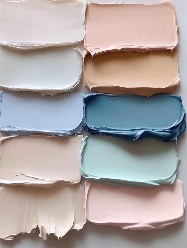 A close-up shot reveals ten rectangular swatches of thickly applied paint, arranged in a grid pattern.  The colors are muted and pastel, ranging from off-white and beige to pale pinks, blues, and greens.  The paint texture is visible, showing brushstrokes and a slightly uneven surface. The overall impression is one of calmness and serenity, reminiscent of a painter's palette.