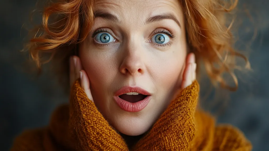 Close-up portrait of a young woman with vibrant red, curly hair.  She's wearing a mustard-yellow knit sweater and her hands are cupping her face in a surprised expression. Her wide, blue eyes and open mouth convey shock or astonishment. The background is blurred, drawing focus to the woman's expressive features.  The overall mood is one of startled wonder.