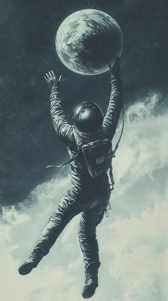 Here's a description of the image:

The artwork depicts an astronaut in a spacesuit, joyfully floating in the vast expanse of space.  Arms raised, the astronaut appears to be playfully tossing a miniature Earth. The Earth is detailed, showing continents and clouds. The astronaut's suit is realistically rendered, with texture and shadows creating a sense of depth. The background is a muted blue-grey, suggesting the atmosphere of space, with wisps of clouds adding contrast. The overall style is reminiscent of a vintage science fiction illustration, evoking a sense of wonder and the boundless nature of space exploration.