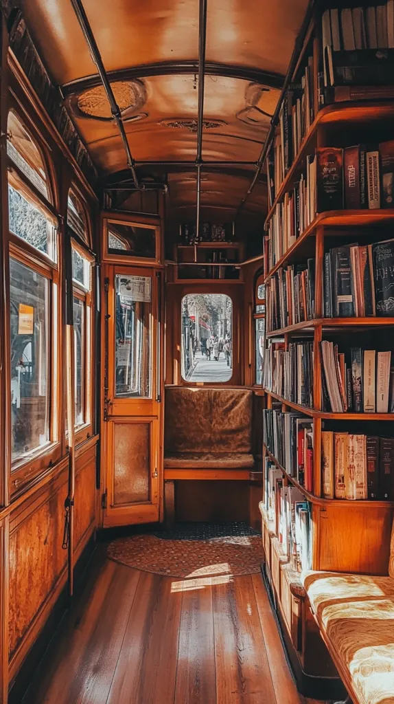 Here's a description of the image:

The photograph showcases the interior of a vintage streetcar, transformed into a charming bookstore.  Rich, dark wood paneling lines the walls, complemented by a polished wooden floor.  One side features floor-to-ceiling bookshelves brimming with volumes, while the opposite wall includes large windows offering a glimpse of a city street.  A small, worn bench sits centrally, inviting quiet reading. The overall ambiance is warm, inviting, and steeped in nostalgic charm.  Sunlight streams through the windows, casting warm highlights on the wood.