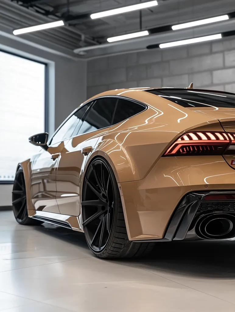 Here's a description of the image:

The photograph showcases a rear three-quarter view of a light beige Audi RS7 Sportback.  The car is parked in a modern, brightly lit garage with a high ceiling and exposed ductwork. The vehicle features aftermarket black wheels and a subtly modified body kit.  The sleek lines of the car are accentuated by the reflective floor and the clean background. The overall impression is one of luxury, performance, and sophistication.  The lighting highlights the car's smooth, metallic paint.