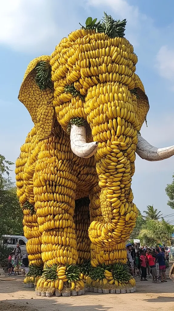 A colossal elephant sculpture, meticulously crafted entirely from bunches of ripe yellow bananas, stands majestically under a bright blue sky.  The bananas form the elephant's body, legs, and even its tusks, creating a striking visual.  A crowd of onlookers is gathered around the base, marveling at the impressive scale and unique construction of this fruity artwork.  The scene suggests a festive or celebratory event.