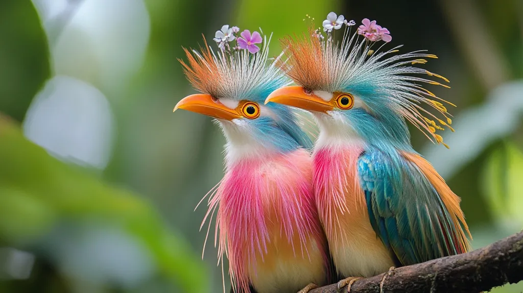 Here's a description of the image:

Two vibrant,  spectacularly colored birds, possibly a species of  cuckoo, sit perched on a branch.  Their plumage is a striking mix of pastel pink, teal, and orange,  with spiky,  iridescent crests adorned with tiny, delicate flowers.  The birds' orange beaks and bright yellow eyes add to their fantastical appearance. The background is a soft-focus blend of green foliage, creating a tranquil, natural setting that enhances the birds' vivid beauty.