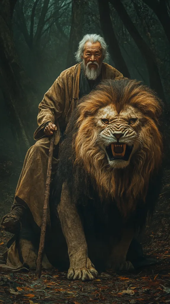 An elderly, long-haired man with a long white beard sits astride a large, majestic lion in a dark, shadowy forest. The man, dressed in a long, brown robe, holds a wooden staff.  The lion, with a powerful presence, faces the viewer, its mouth open in a slight roar. The overall mood is one of mystery and power, suggesting a mystical connection between the man and the beast.  The dark background emphasizes the figures, creating a dramatic and intriguing scene.