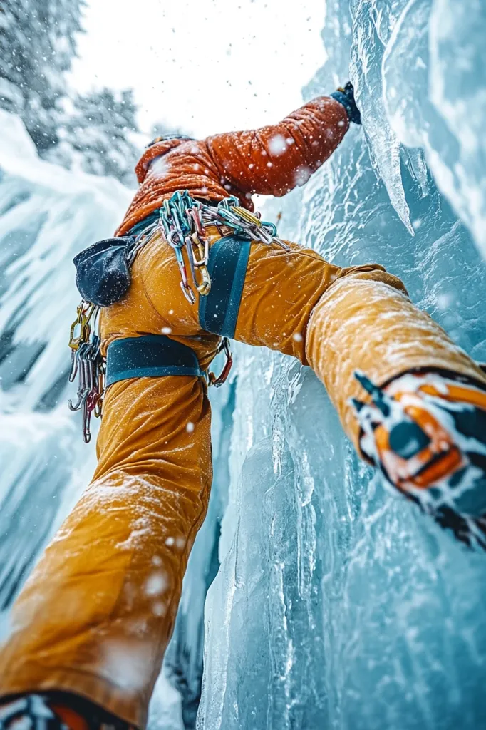 Here is a description of the image in approximately 100 words:

The low-angle shot shows an ice climber ascending a sheer, icy wall.  Snow falls around them, coating their bright orange climbing pants and jacket.  The climber's ice axes and crampons are visible, gripping the frozen surface.  Their harness, laden with carabiners and gear, is clearly shown. The ice itself is a stunning, textured blue-green, contrasting sharply with the climber’s vibrant clothing. The overall impression is one of dynamic action and the challenging beauty of winter mountaineering. The climber’s perspective emphasizes the steepness and height of the climb.