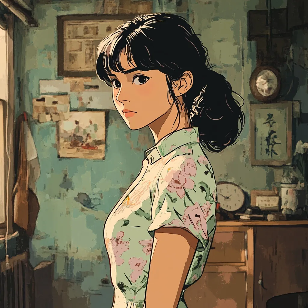 A stylized anime-esque illustration depicts a young woman with dark hair pulled back in a low bun, wearing a pastel green floral dress.  She's positioned in profile, gazing over her shoulder with a serious expression. The background features a worn, vintage interior with faded teal walls adorned with framed pictures, clocks, and assorted objects, suggesting a nostalgic or melancholic atmosphere.  The art style blends a painterly texture with sharp lines, creating a unique visual effect.