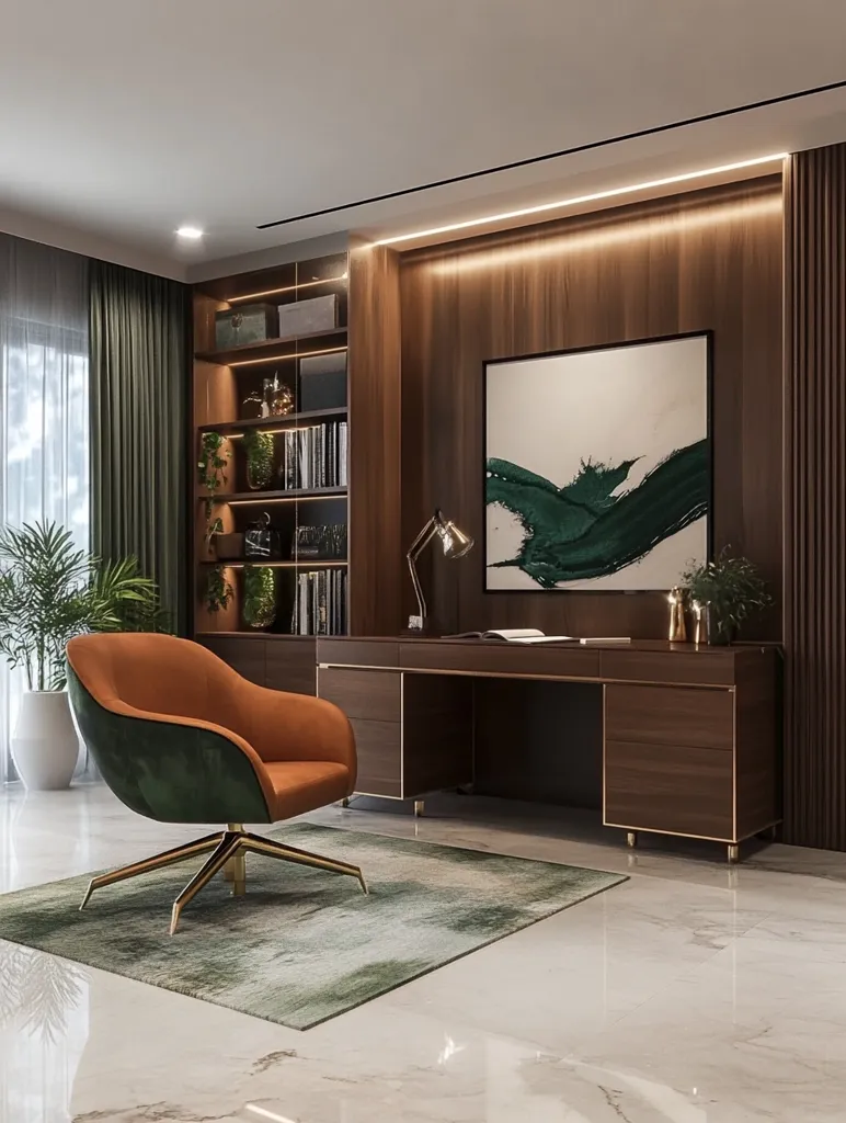 A luxurious home office features a dark wood desk and built-in shelving, illuminated by warm lighting.  A large abstract painting hangs above the desk.  An orange and green swivel chair sits on a muted green rug, adding a pop of color against the marble flooring.  The room boasts floor-to-ceiling curtains, providing a sophisticated and calming atmosphere.  Plants add a touch of nature to the space. The overall design is modern and elegant, showcasing a blend of rich textures and colors.