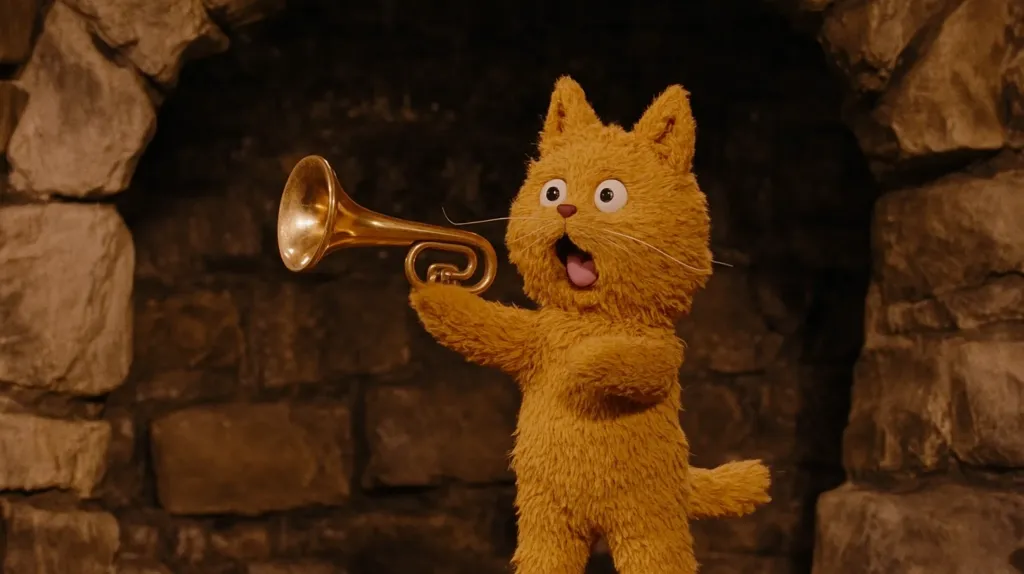 A whimsical, orange, furry cat puppet holds a small, golden trumpet.  Its mouth is open in a surprised or joyful expression, its tongue slightly visible. The cat stands against a backdrop of a dark, rustic stone wall, creating a warm, inviting contrast to the puppet's bright fur. The scene is reminiscent of a puppet show or stop-motion animation.  The lighting is focused on the cat and trumpet, making them the clear focal point.