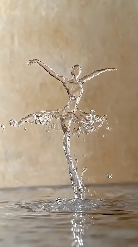A captivating image showcases a water sculpture resembling a ballerina.  The water, seemingly frozen in mid-air, forms a graceful figure in a tutu-like shape. The translucent form is strikingly detailed, highlighting the fluidity and elegance of the water.  The ballerina is poised against a muted beige backdrop, emphasizing the ethereal beauty of the water sculpture and its reflection in the still water below.  The overall effect is both artistic and surreal.