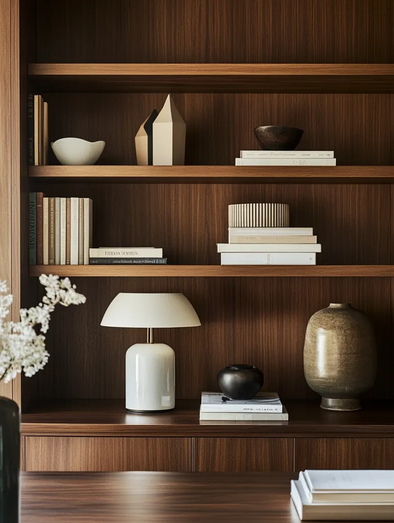 Here's a description of the image:

A rich, dark wood bookcase displays a curated collection of objects.  Shelves hold stacks of art books, decorative bowls, and small sculptures in muted earth tones.  A sleek, off-white table lamp sits on the bottom shelf, flanked by more books and a dark brown vase.  The overall aesthetic is minimalist and sophisticated, with a focus on clean lines and natural materials.  A subtle floral arrangement adds a touch of softness to the scene.  The image suggests a calm and studious atmosphere, perhaps in a home office or library.