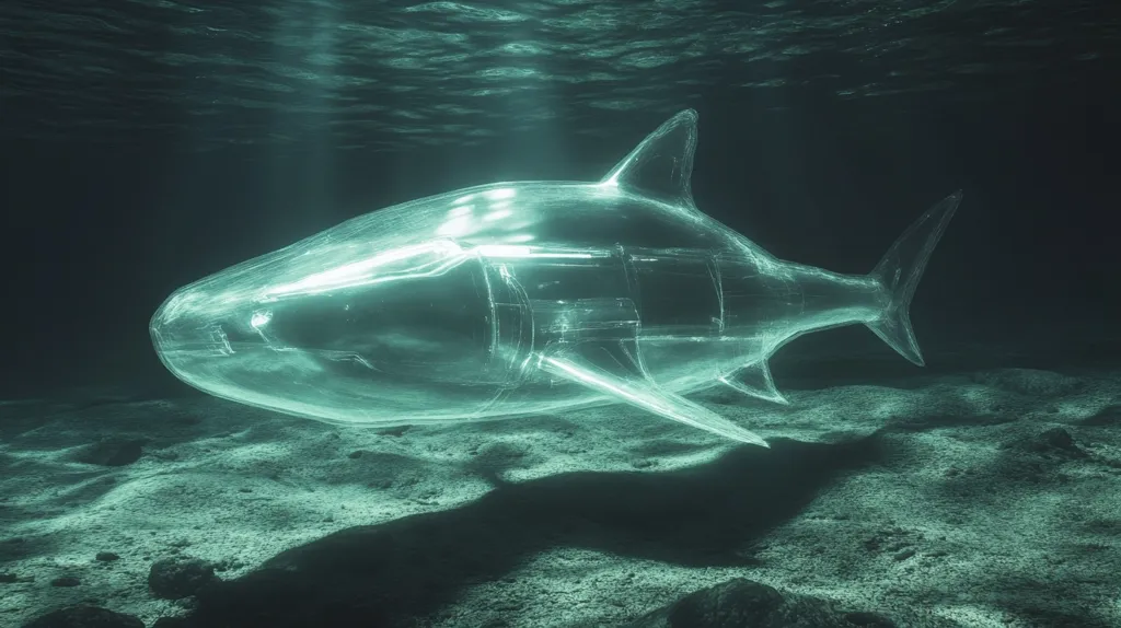Here's a description of the image:

The image depicts a translucent, ethereal shark rendered in shades of teal, seemingly made of glass or a similar material.  It rests on a dimly lit seabed, with rays of light filtering down from above, illuminating the shark and its surroundings. The ocean floor is textured and dark, suggesting a deep-sea environment. The overall effect is one of haunting beauty and subtle environmental commentary, possibly alluding to ocean pollution or the fragility of marine life.