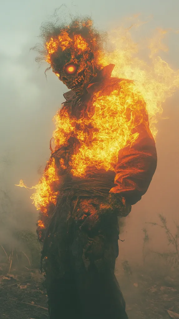 A terrifying figure, seemingly a humanoid engulfed in flames, dominates the image.  Its skull-like face, with glowing orange eyes, is partially obscured by fiery hair and a burning jacket. The intense orange and yellow flames contrast with the dark, smoky background, suggesting a desolate or hellish landscape. The figure’s posture is slightly hunched, adding to its menacing presence. The overall atmosphere is dark, eerie, and evokes feelings of dread and the supernatural.
