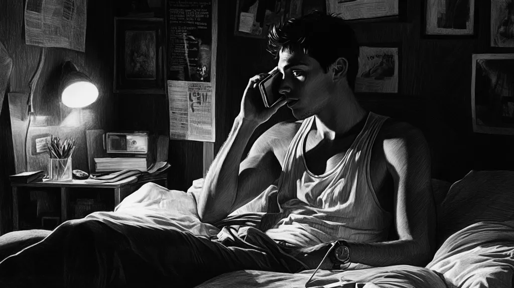 Here is a description of the image:

The black and white image shows a young man sitting up in bed, illuminated by a desk lamp. He's holding a phone to his ear, engrossed in a conversation. His expression is serious.  He's wearing a tank top and appears relaxed yet focused. The room is cluttered with personal items—pictures, posters, and papers adorning the walls—suggesting a lived-in space. The overall mood is intimate and pensive. The high contrast emphasizes the chiaroscuro effect, drawing attention to the man's features and creating a dramatic atmosphere.
