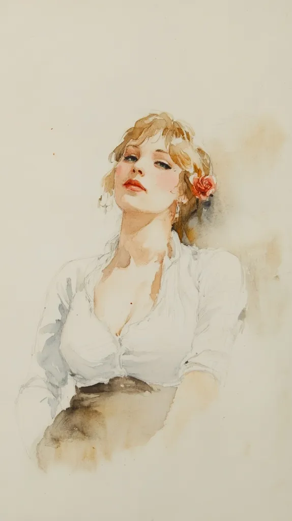 Here's a description of the image:

The watercolor painting depicts a fair-skinned woman with shoulder-length blonde hair, styled loosely.  She wears a loosely-fitting, light-colored, open-necked shirt that reveals some cleavage, paired with a darker skirt or trousers. A single, small, reddish-pink flower is tucked behind her ear. Her expression is serene, almost pensive, with a direct gaze toward the viewer.  The painting style is soft and impressionistic, with subtle washes of color and indistinct outlines, giving it a dreamy quality. The background is a light, neutral tone, focusing attention on the figure. The overall mood is calm and romantic.