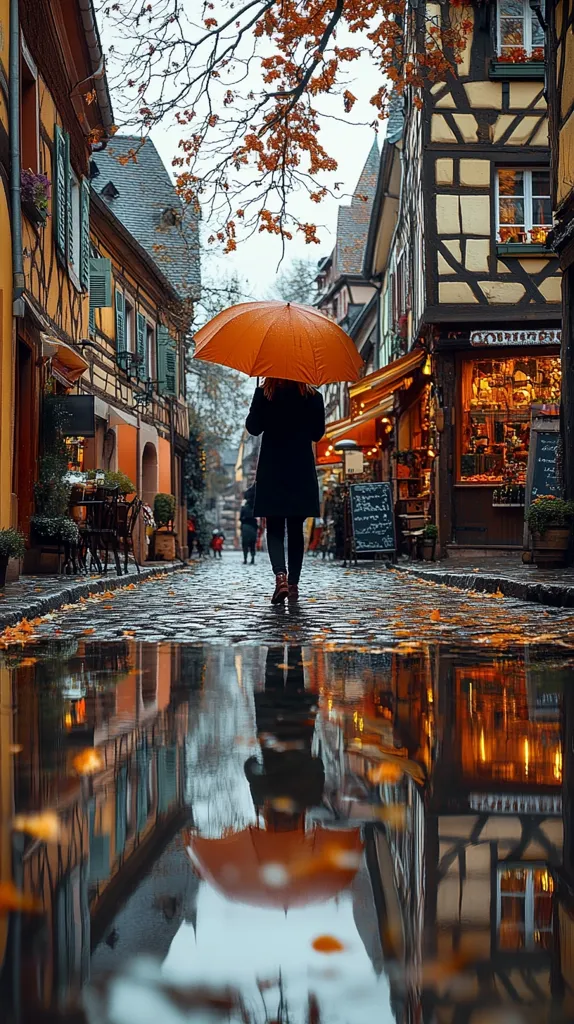 A woman with an orange umbrella walks down a cobblestone street in a quaint European town.  Autumn leaves litter the ground and are reflected in a puddle mirroring the charming, half-timbered buildings.  The atmosphere is serene and slightly melancholic, with the overcast sky adding to the autumnal mood.  Warm lights emanate from shops lining the street, contrasting with the cool tones of the wet pavement. The scene is picturesque, capturing the essence of a peaceful autumn day.