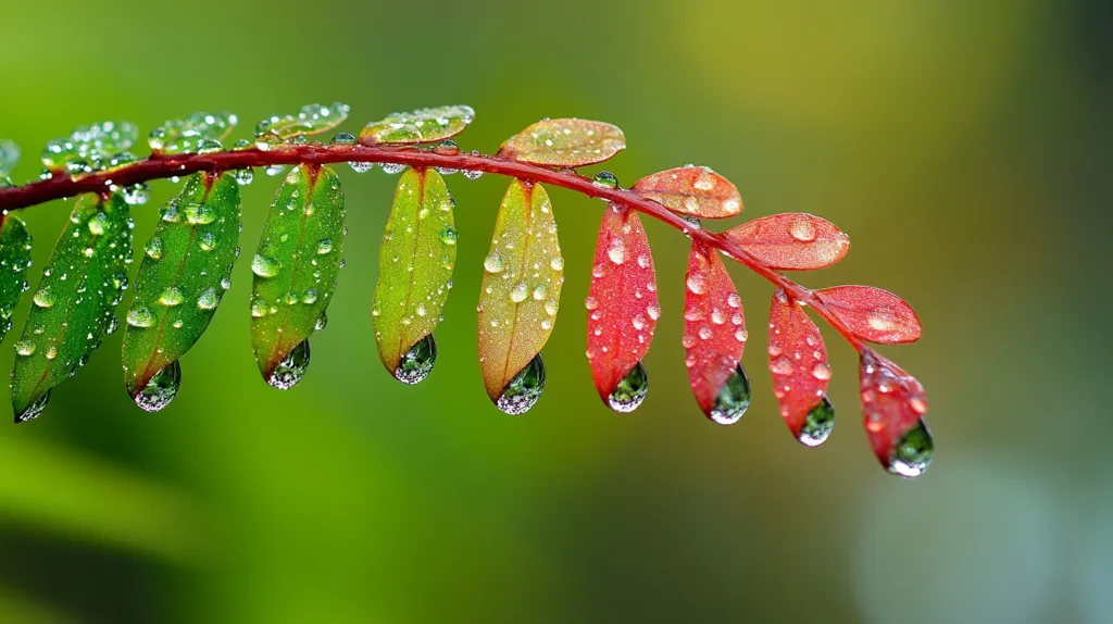 Here is a description of the image:

Close-up view of a slender branch with small leaves, adorned with numerous water droplets clinging to their surfaces. The leaves exhibit a gradient of color, transitioning from vibrant green on one end to a reddish hue on the other, suggesting a change of season.  Each droplet is spherical and reflects light, creating a sparkling effect against the soft, blurred background of green and yellow tones. The overall impression is one of delicate beauty and the freshness of nature after rain.