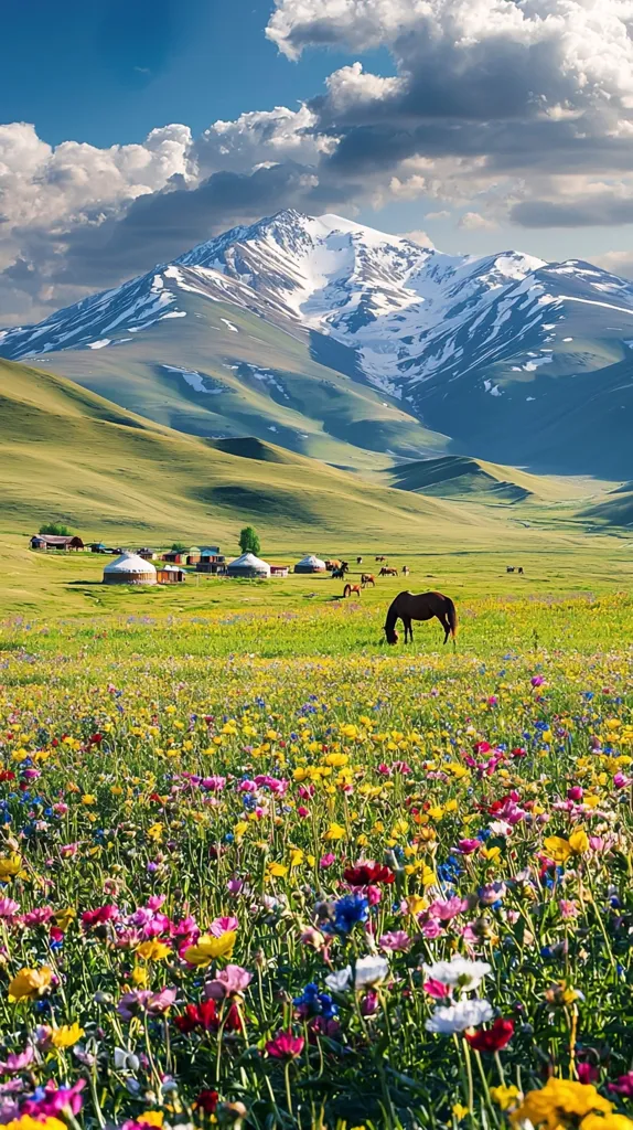 A breathtaking panorama unfolds, showcasing a vibrant meadow bursting with wildflowers in a myriad of colors.  A lone brown horse grazes peacefully amidst the blooms.  In the background, several yurts dot the landscape, nestled at the foot of a majestic, snow-capped mountain range under a partly cloudy sky. The scene evokes a sense of serene beauty and untamed natural splendor.