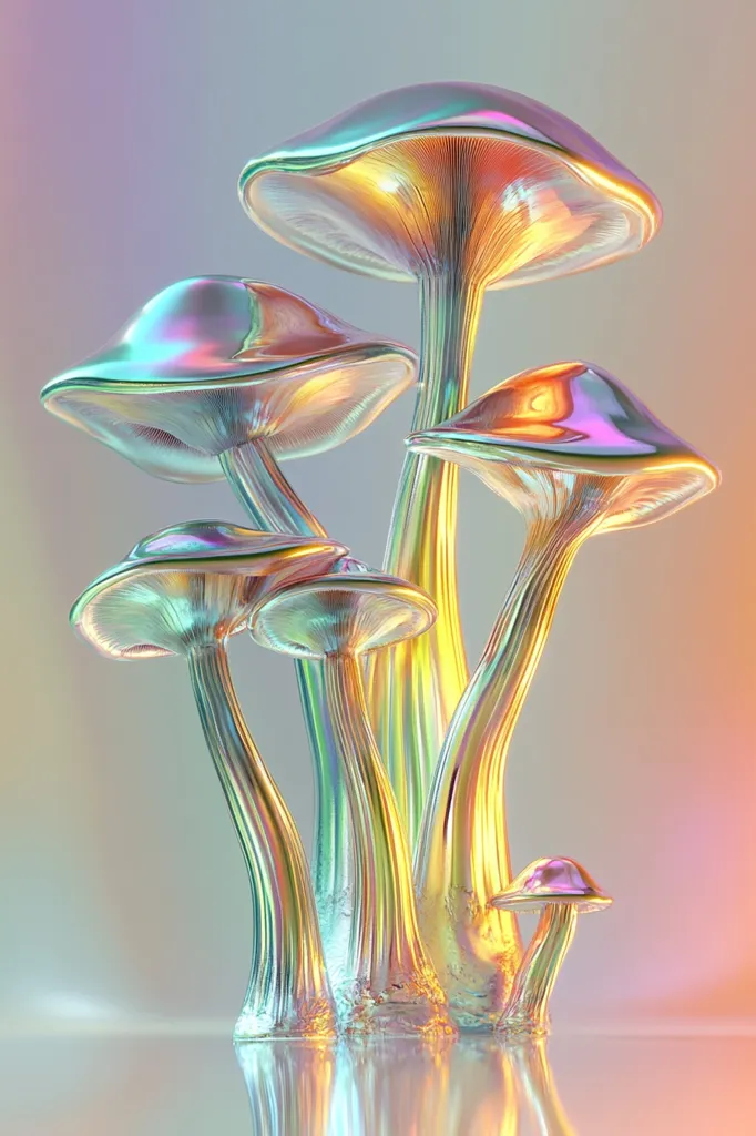 Here's a description of the image:

The image showcases a cluster of iridescent, metallic mushrooms against a soft, pastel background.  The mushrooms are rendered in a hyperrealistic style, exhibiting a shimmering, rainbow-like sheen. Their stems are long and slender, curving gracefully, while the caps are wide and smooth, reflecting light in a captivating manner.  The overall effect is surreal and dreamlike, evoking a sense of fantasy and otherworldly beauty. A smaller mushroom sits nestled amongst the larger ones, adding to the composition's visual complexity. The scene is brightly lit, enhancing the mushrooms' reflective qualities.