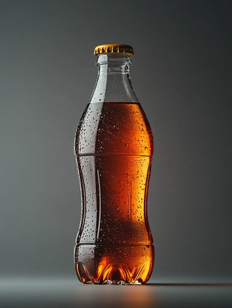 A glass bottle of amber-colored soda sits on a gray surface.  The bottle is slightly curved with a noticeable indentation near the base.  Water droplets cling to its sides, indicating recent chilling.  A gold-colored cap tops the bottle, adding a touch of contrast. The background is a simple, unblemished gray, drawing focus entirely to the refreshing beverage. The image is well-lit, highlighting the condensation and the soda's color.