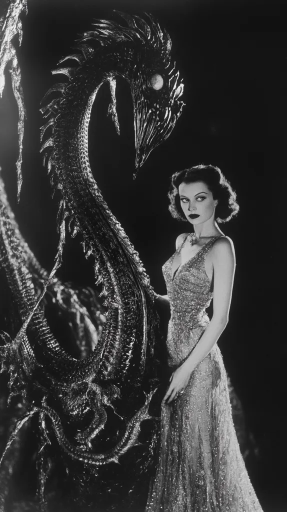 Here's a description of the image:

A black and white, full-length portrait showcases a glamorous woman in a shimmering, floor-length gown.  Her dark hair is styled in soft waves framing her face, and her expression is one of subtle intensity. She stands adjacent to a sculpted, dark, dragon-like figure, its intricate details sharply defined against the dark background. The contrast between the woman's delicate beauty and the dragon's imposing form creates a dramatic and captivating visual.  The overall mood is one of film noir elegance and fantasy.