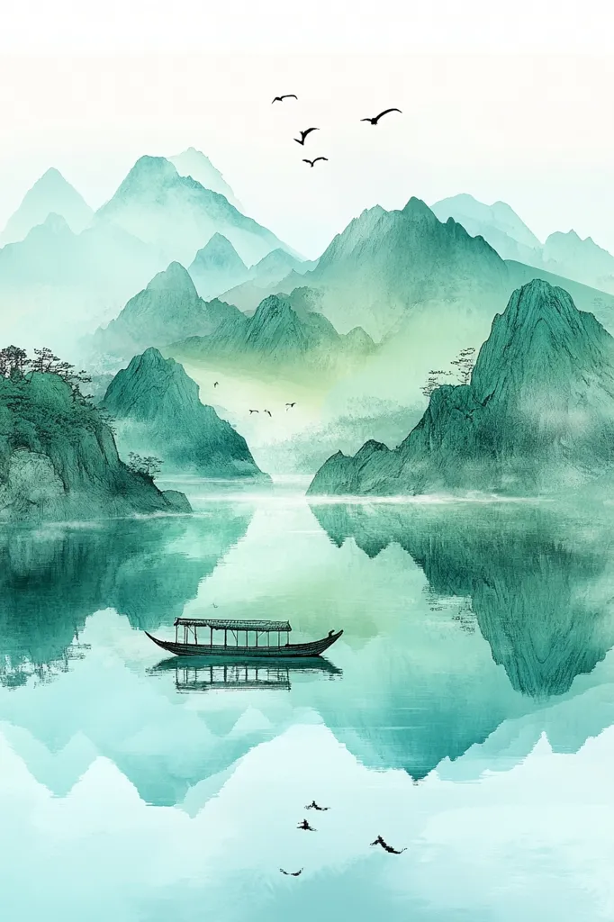 Here's a description of the image:

The artwork depicts a serene landscape in shades of teal and green, reminiscent of East Asian painting styles.  Mist-shrouded mountains rise gently from a calm lake, their reflections perfectly mirroring the scene below. A single, longboat rests on the still water, adding a sense of tranquility.  A few birds fly high above the mountains, completing the peaceful and contemplative atmosphere. The style is painterly, with soft brushstrokes suggesting movement and depth.  The overall impression is one of serenity and quiet beauty.