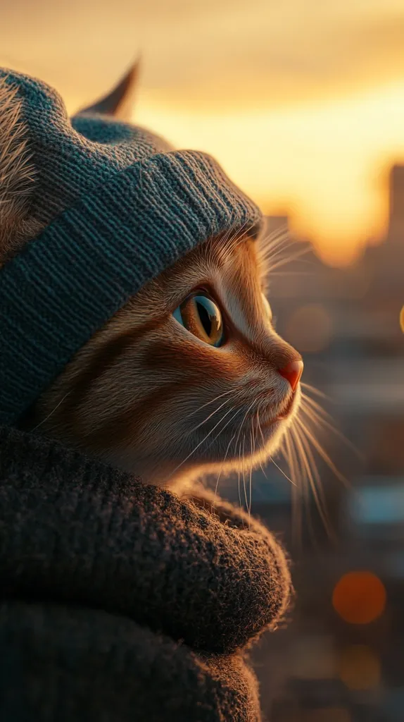 Here's a description of the image:

Close-up view of an orange tabby kitten wearing a cozy, dark teal knitted beanie and a matching scarf.  The kitten's profile is visible, its gaze directed towards a blurred cityscape bathed in the warm glow of a sunset. The soft light accentuates the kitten's fur and the texture of the knitwear. The overall mood is serene and heartwarming, evoking feelings of warmth and comfort.  The bokeh in the background suggests an urban setting, possibly viewed from a window.