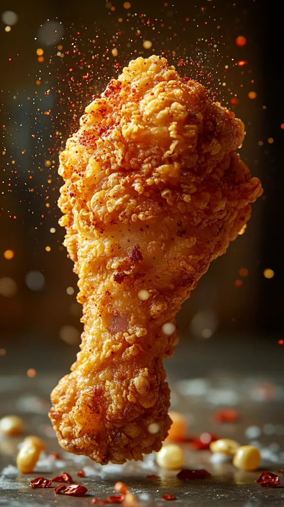 A crispy, golden-brown fried chicken drumstick hangs suspended in mid-air, dusted with red chili flakes.  The chicken is exceptionally textured, showcasing a perfectly browned, crunchy exterior.  Red chili flakes and what appears to be corn kernels are scattered on the dark surface below, adding to the vibrant, appetizing image.  The overall effect is dynamic and suggestive of movement, as though the chicken has just been tossed.