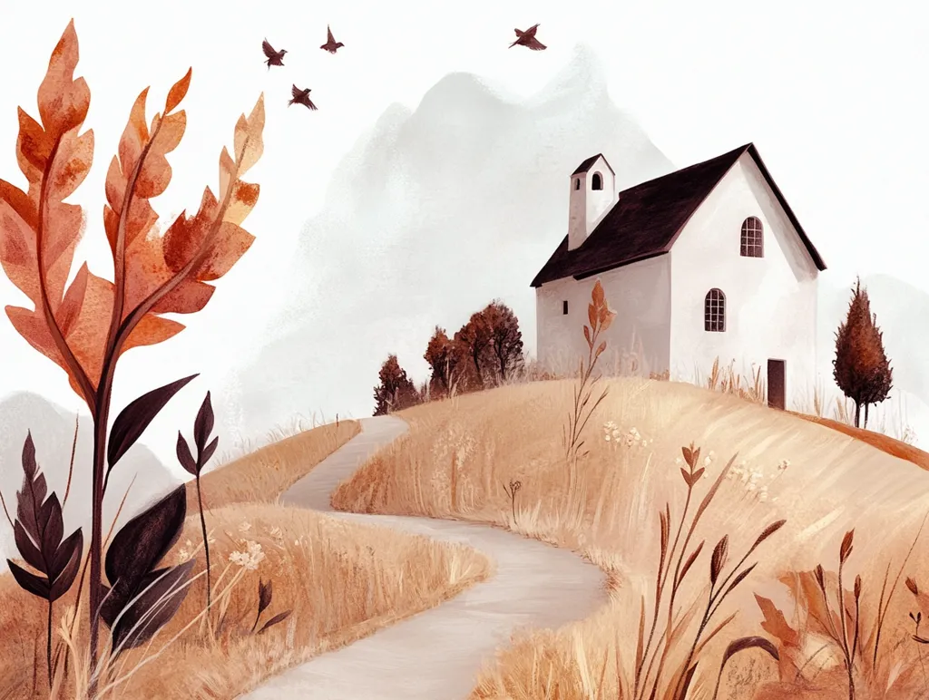A watercolor illustration depicts a tranquil autumnal scene. A winding path leads to a small, white church nestled atop a gently sloping hill covered in golden grasses.  Muted orange and brown foliage frames the scene, while a few birds fly across a soft, hazy sky above distant, muted mountains. The overall style is minimalistic and serene, evoking a sense of peaceful solitude.
