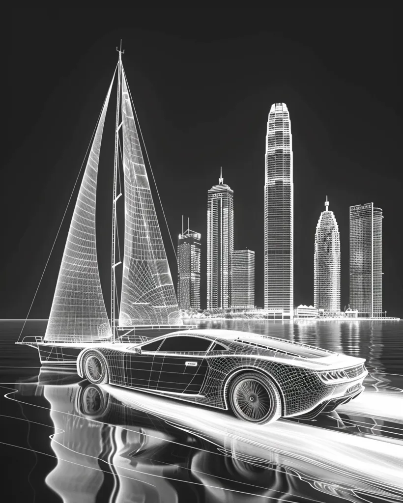 A wireframe rendering depicts a sleek, futuristic sports car speeding along a dark waterfront.  A wireframe sailboat is partially visible in the foreground, suggesting a sense of movement and luxury.  In the background, a modern city skyline of skyscrapers is rendered in the same wireframe style, creating a unified, technologically advanced aesthetic. The overall effect is dark and moody, emphasizing the design lines of both the vehicle and the urban landscape.