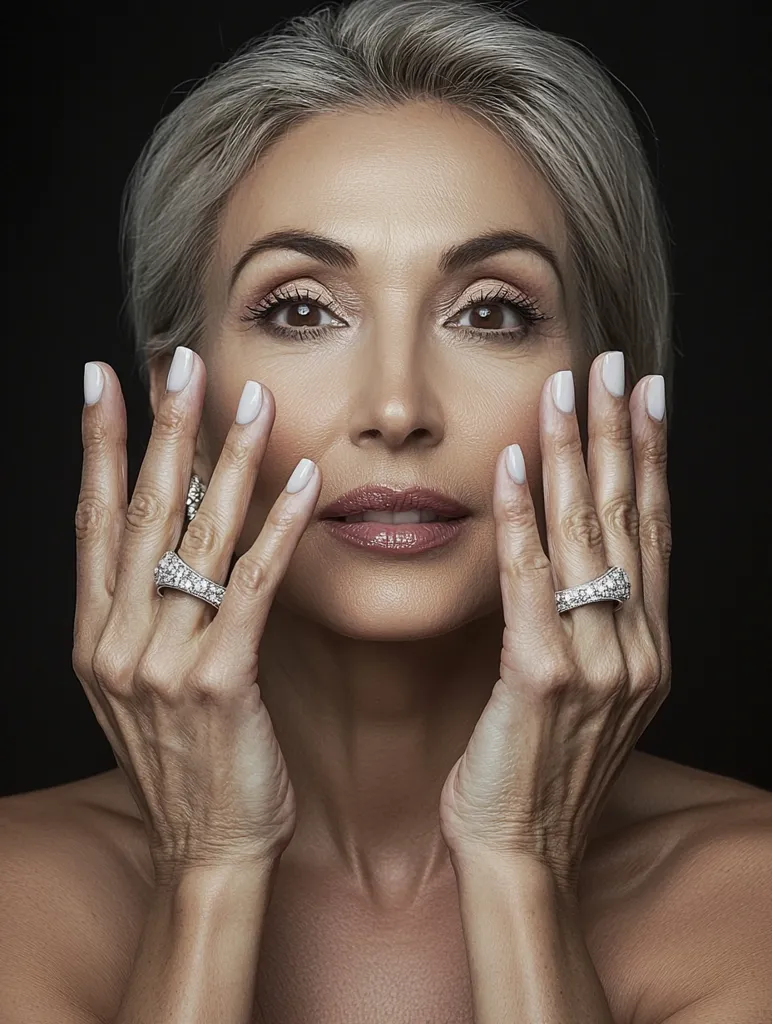 Close-up portrait of a woman with short, graying hair.  Her hands, adorned with sparkling diamond rings, gently frame her face.  She has subtly applied makeup, highlighting her eyes and lips. The background is a simple, dark backdrop that focuses attention on her features and jewelry.  Her expression is calm and serene. The overall image conveys elegance and sophistication.