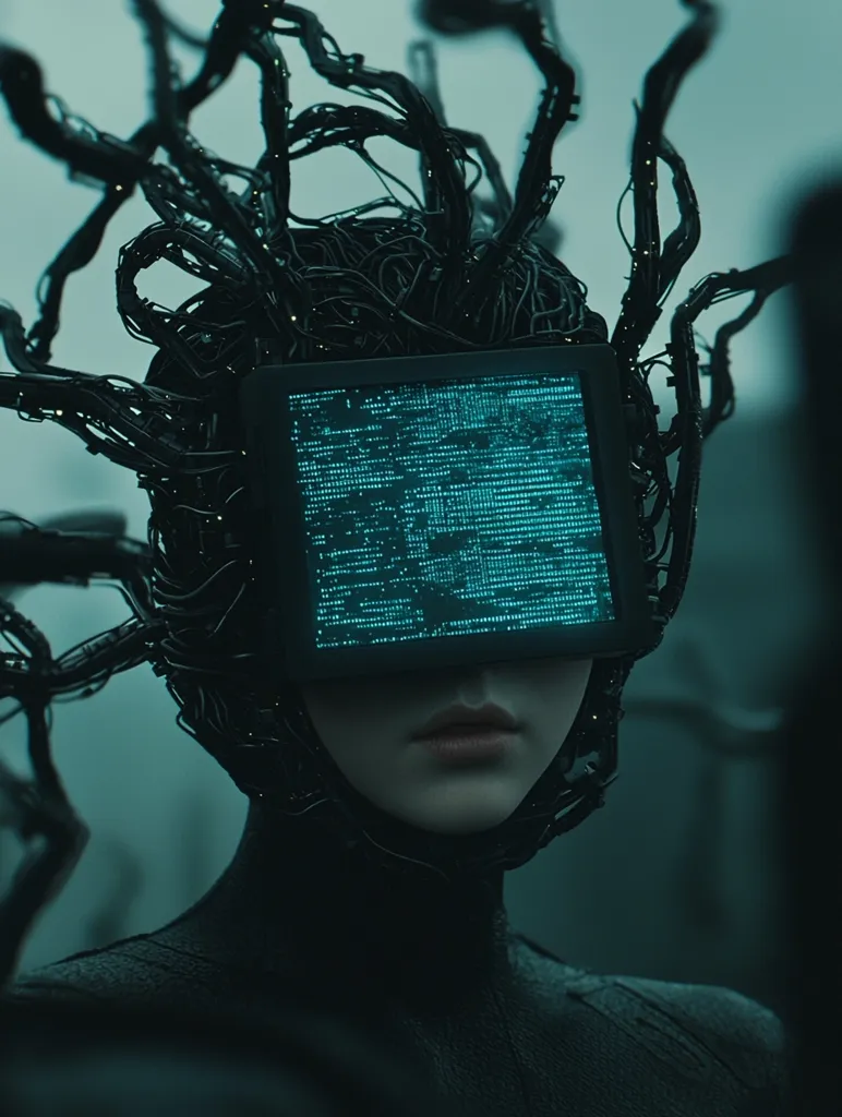 Here's a description of the image:

The image presents a close-up of a person, seemingly female, whose face is partially obscured by a futuristic, black headpiece.  The headpiece resembles a complex network of wires and cables, emanating outward like a chaotic crown or a technological Medusa's hair.  A small, square screen embedded in the headpiece displays flowing teal code, adding to the cybernetic aesthetic. The overall color palette is dark and moody, emphasizing the technological and potentially dystopian nature of the scene. The subject's expression is serene yet mysterious, hinting at a blend of human and machine elements.