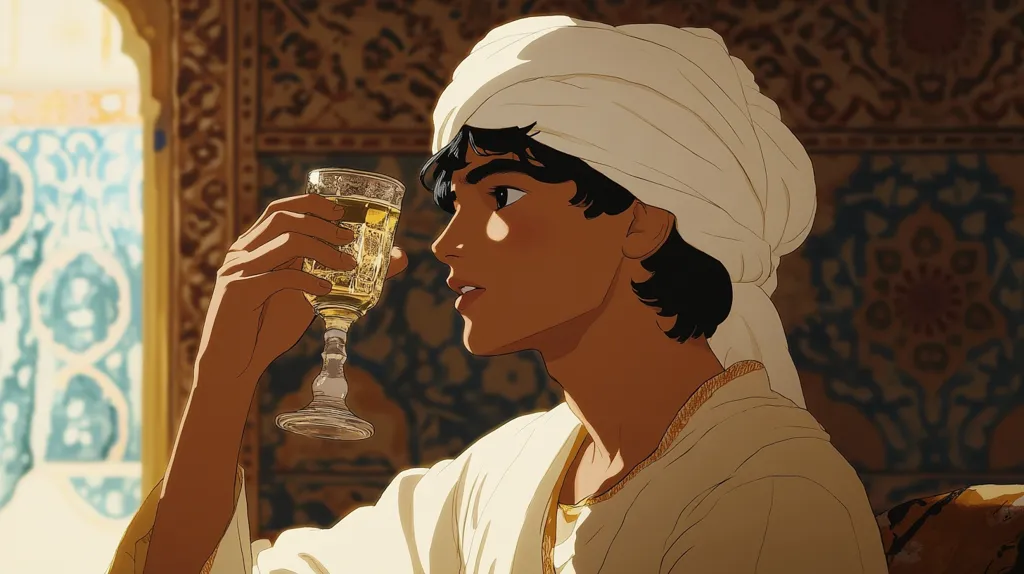 The image shows a stylized anime-like portrait of a young man, possibly Middle Eastern or North African in appearance. He wears a white turban and light-colored robe, sitting in an ornately decorated room with intricate tilework visible on the walls.  Sunlight streams through a window, highlighting the man's profile as he delicately holds a stemmed glass containing a golden liquid, possibly wine or juice. The overall aesthetic is warm, rich, and evocative of a historical or fantasy setting.
