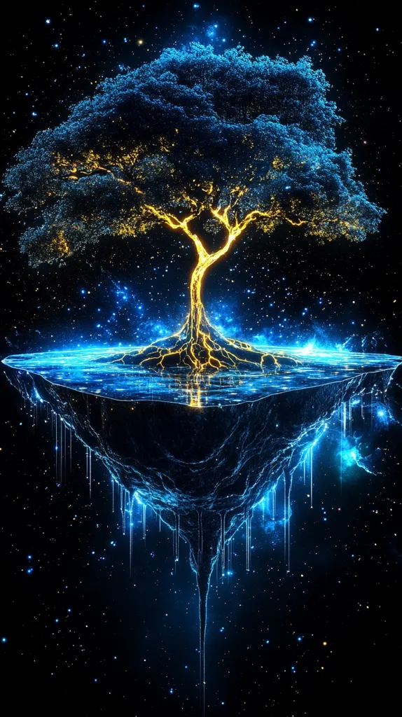 A digitally created image depicts a luminous blue and gold tree situated on a floating island in the vast expanse of space. The tree's roots and branches glow with an ethereal light, mirroring the shimmering surface of the water surrounding it. The island itself seems to drip with radiant blue energy, suspended against a backdrop of twinkling stars. The overall effect is one of magical surrealism, suggesting a fantastical world or a cosmic wonder.