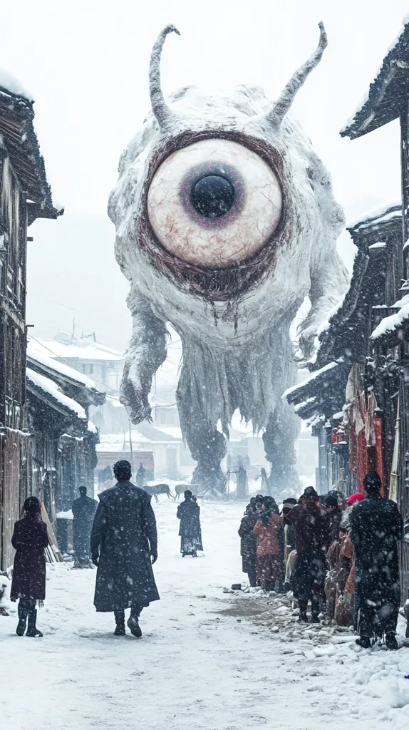 A colossal, snow-covered creature dominates a snow-laden street scene.  Its most striking feature is a single, enormous eye.  The creature's towering presence dwarfs the villagers who stand huddled together in the street, seemingly awestruck.  The setting is a traditional, snow-dusted village with ancient buildings lining the narrow thoroughfare.  A lone figure in a long dark coat walks away from the monstrous being, creating a sense of unease and impending doom. The overall atmosphere is one of chilling fantasy.