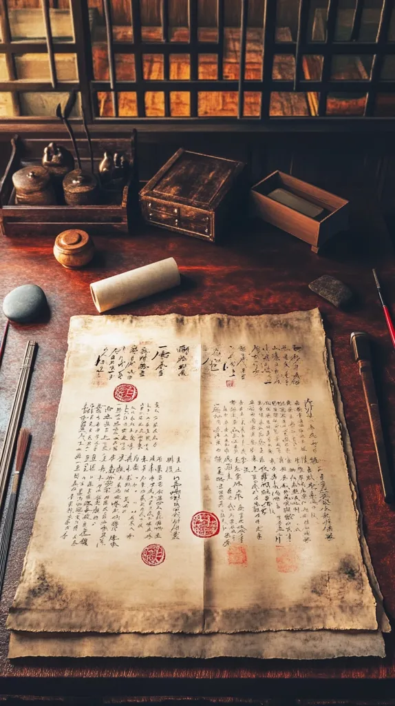 An antique wooden desk holds an aged, open scroll filled with elegant Chinese calligraphy.  Red seals adorn the parchment, adding authenticity.  Surrounding the scroll are various writing implements: brushes, inkwells, and a rolled-up document.  Small wooden boxes and a smooth grey stone rest nearby, creating a scene reminiscent of a scholar's study in ancient China.  A dark wooden lattice window provides a backdrop. The overall ambiance is one of history and scholarly pursuit.