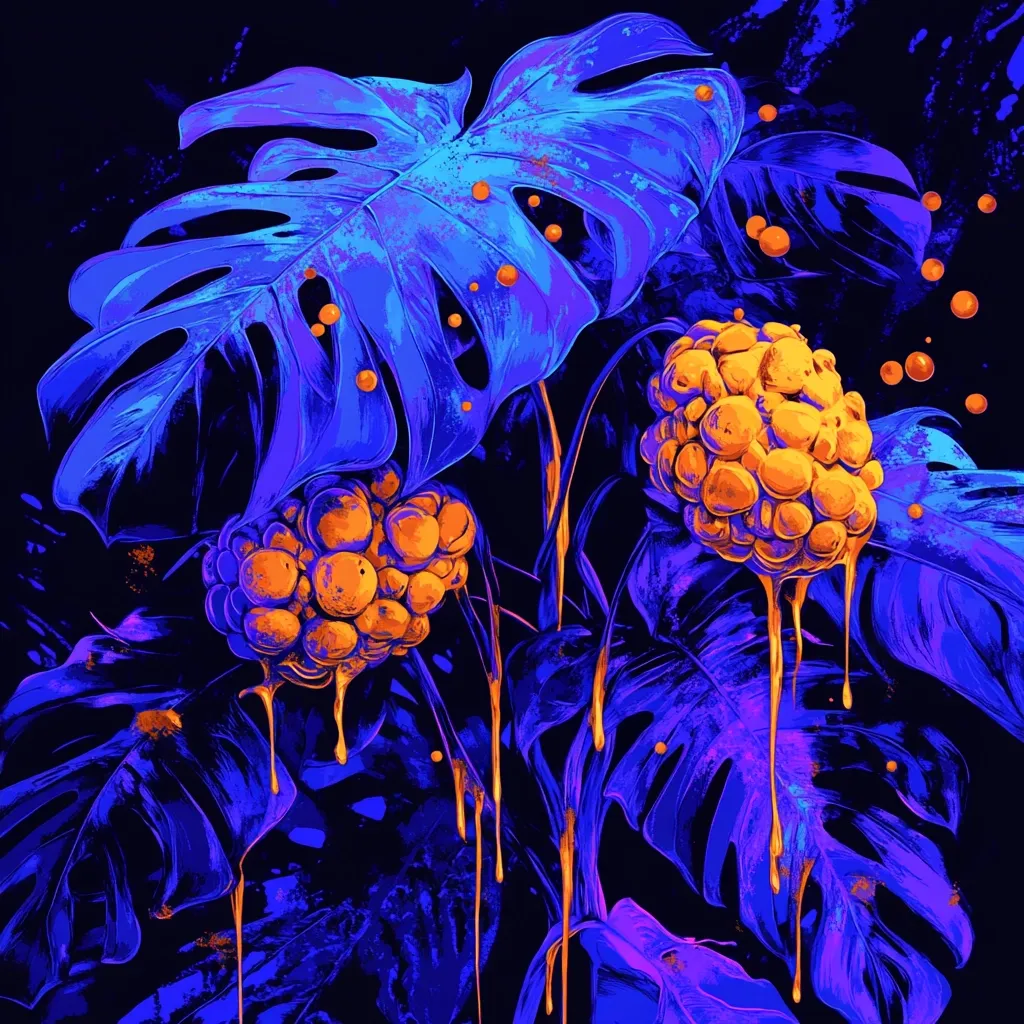 Here's a description of the image:

The artwork is a vibrant, surreal depiction of tropical plants, possibly monstera leaves, rendered in a striking neon blue and purple palette.  Two clusters of orange, orb-like fruits hang from the leaves, seemingly melting, with golden drips cascading downwards. The background is dark, almost black, with splashes of paint adding texture. The overall effect is one of glowing, psychedelic fantasy, creating a visually arresting and otherworldly scene. The style suggests digital painting or a similar technique.