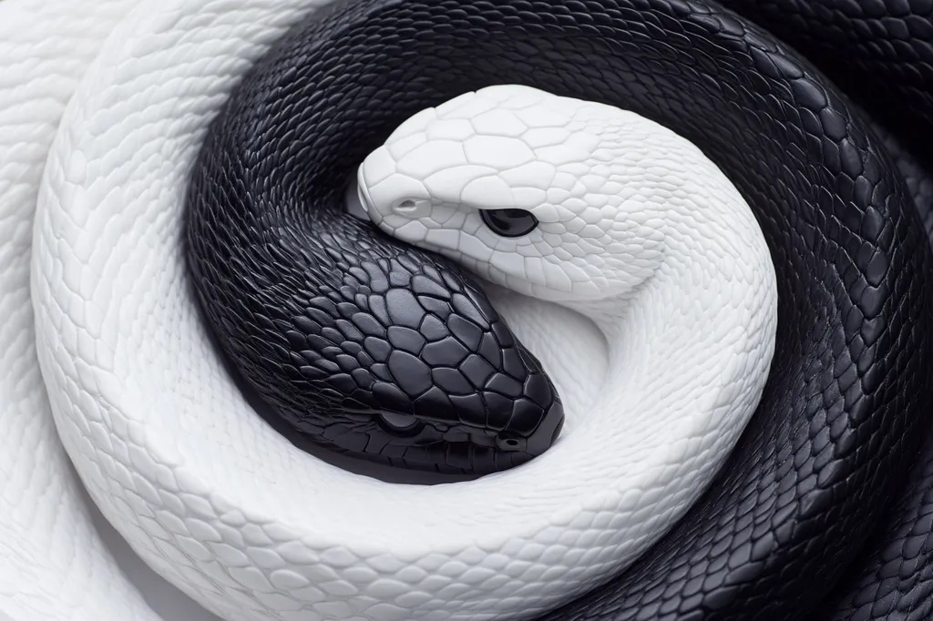 Here's a description of the image:

The image shows two snakes, one white and one black, intertwined in a Yin and Yang symbol.  Their bodies form a continuous, swirling pattern, emphasizing the balance and harmony between opposites. The snakes are sculpted with realistic detail, showcasing the texture of their scales. The stark contrast between the black and white creates a visually striking representation of duality and interconnectedness. The overall effect is both artistic and symbolic.
