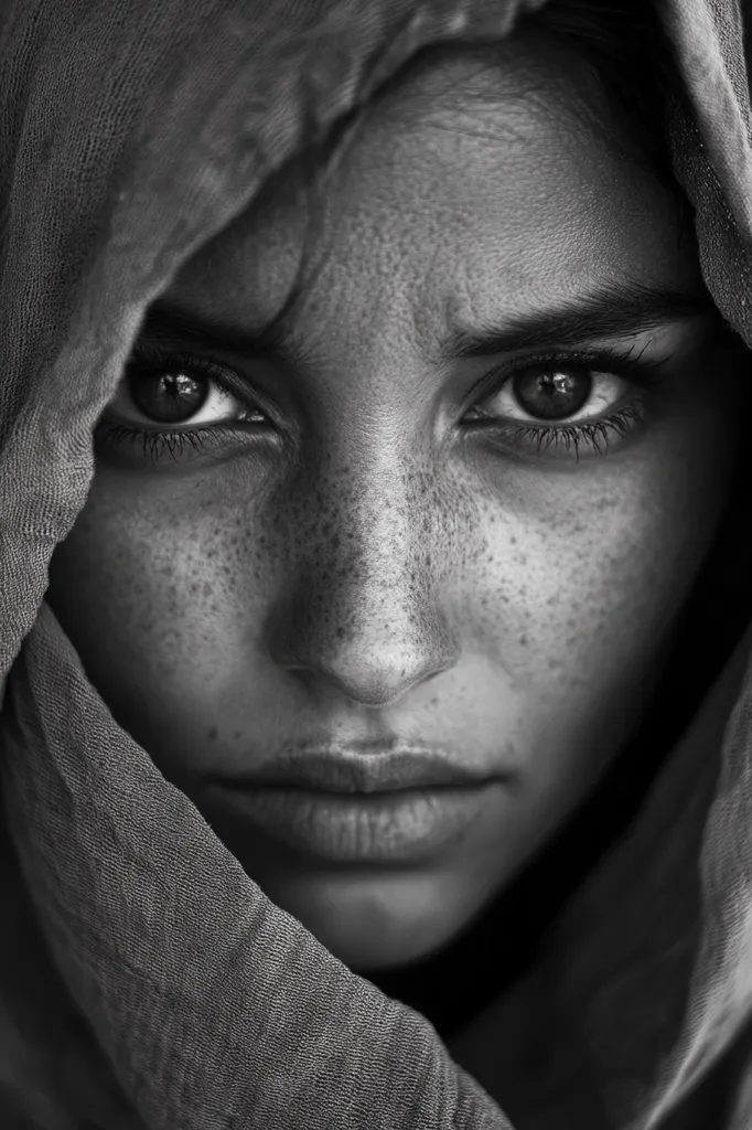 Here's a description of the image:

The black and white close-up portrait captures a young woman's intense gaze.  Her face, speckled with freckles, is partially obscured by a hooded garment, creating a sense of mystery.  Dark eyes, framed by dark brows, convey a serious, almost defiant expression.  The texture of her skin and the fabric are sharply defined, emphasizing the contrast between the softness of her features and the harshness of the setting.  The overall mood is one of strength and quiet determination.