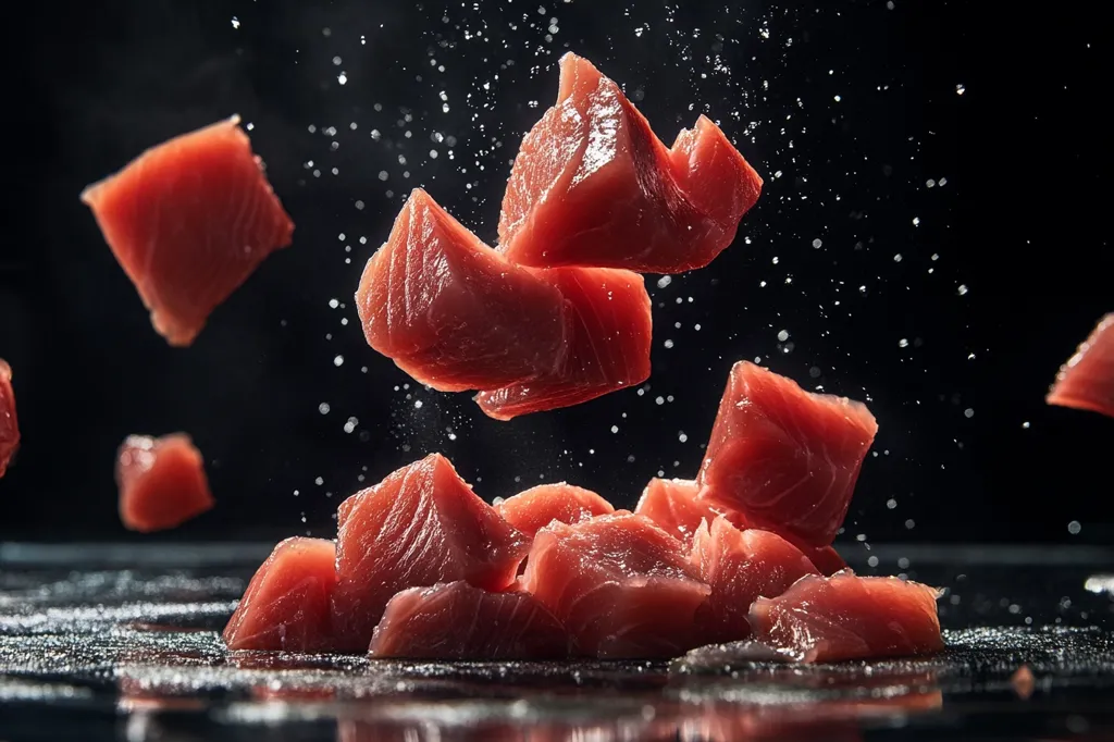 Here's a description of the image:

The photograph shows numerous chunks of raw tuna, appearing vibrant red and glistening, suspended mid-air against a stark black backdrop.  Some pieces are falling onto a pile of similar chunks already resting on a dark, reflective surface. Water droplets are scattered throughout the image, adding to the dynamic sense of motion and suggesting the tuna may have recently been rinsed. The overall impression is one of freshness and energy, emphasizing the texture and color of the meat.