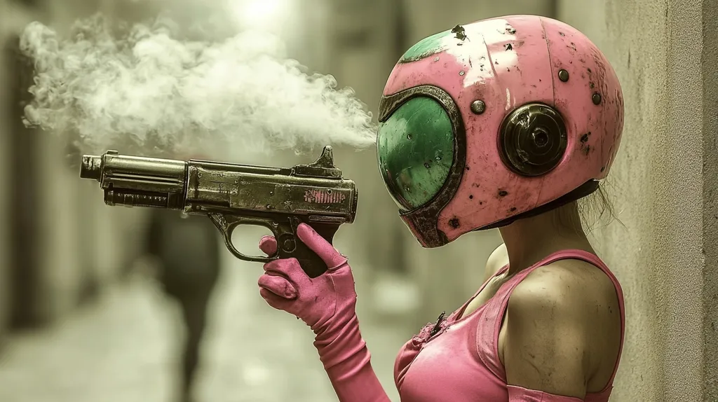 Here's a description of the image:

The image shows a woman wearing a weathered pink helmet, reminiscent of a futuristic or retro motorcycle helmet, with a green visor. She holds a worn, dark-colored handgun, smoke billowing from its barrel.  She's dressed in a pink, sleeveless top, and pink gloves. The setting appears to be a gritty, urban alleyway. The overall aesthetic is post-apocalyptic or cyberpunk, blending elements of futuristic design with a distressed, aged look. The color palette is muted, with the pink of the helmet and clothing standing out against the neutral tones of the background.